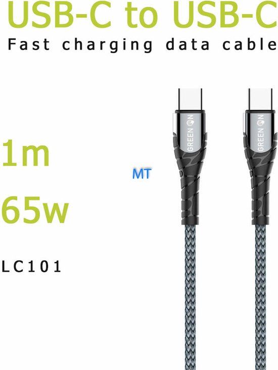Green on - USB-C naar USB-C Snellaadkabel - 1M - Zwart/Groen