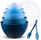 Set de 6 bols mélangeurs sans marque avec couvercles et couverts, plastique sans BPA, empilable, Bleu