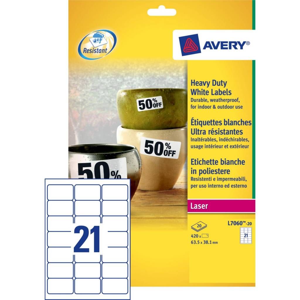 Avery Ultra-sterke etiketten L7060-20 - wit - 63,5 x 38,1 mm - extra permanent