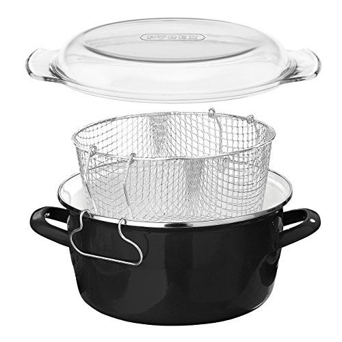 Premier Housewares 5 l friteuse emaille chip pan friteuse glazen deksel chip friteuse diepe koekenpan zwarte friteuse friteuse mand kleine friteuse 16x33x27