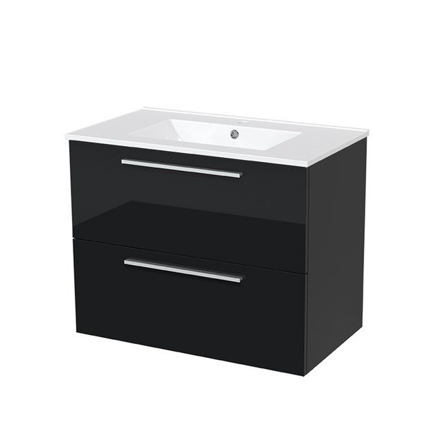 Maxaro Badkamermeubel 80cm Modulo Hoogglans Zwart 2 lades Vlak Wastafel Keramiek