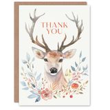 Artery8 Elegant Stag With Autumn Wild Flowers Watercolour Blank For Him Or Her Art Thank You Card