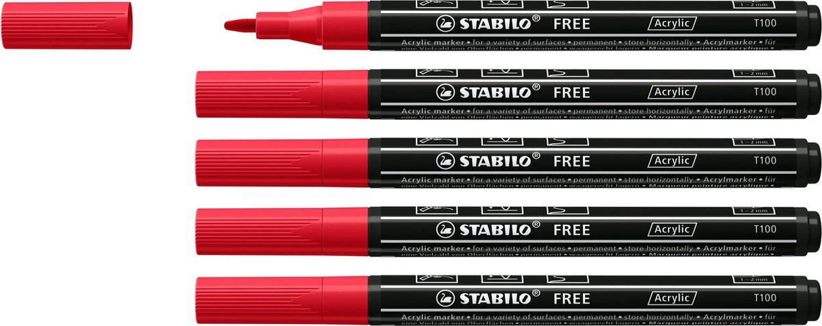 Stabilo FREE - Acryl Marker - T100 - Ronde Punt - 1-2 mm - Karmijn Rood - Doos 5 stuks