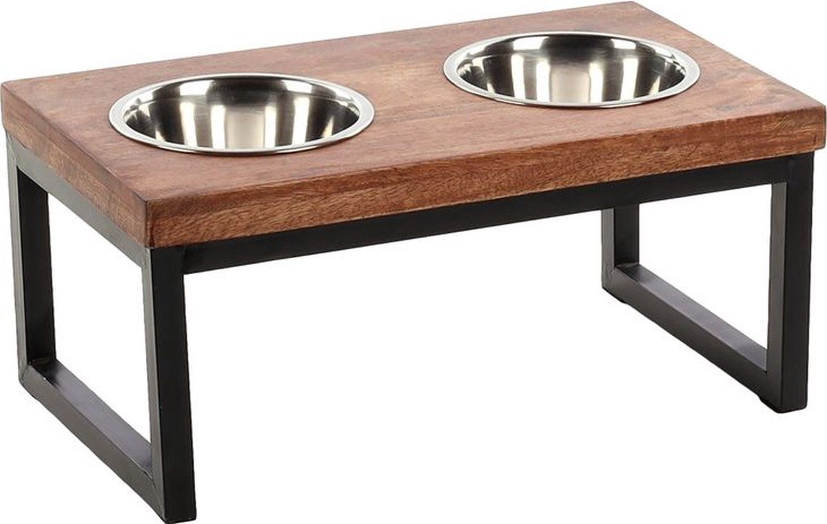 FLAMINGO Voerbakken Tommy Duo Dinner - Mangohout - Zwart - Inox - 45x26x21cm - 800ML