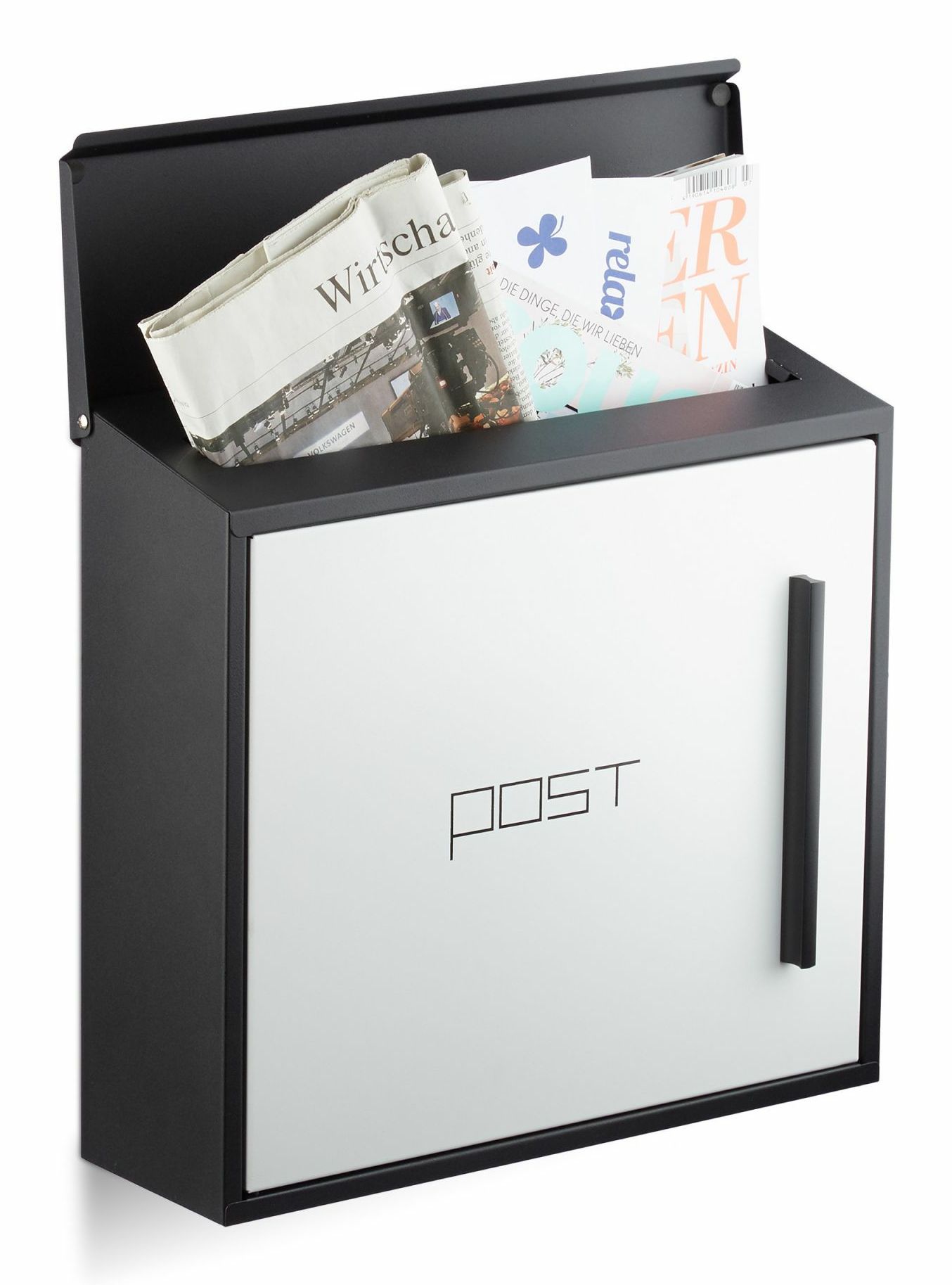 Relaxdays Modern Wall-Mounted Mailbox - Steel - Black & White - With Lock - 35x12.5x33 cm