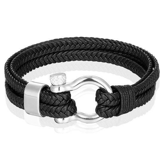 Mendes Lookinggoodtoday Nautische heren armband Leer Edelstaal Zwart Zilverkleurig - 19cm