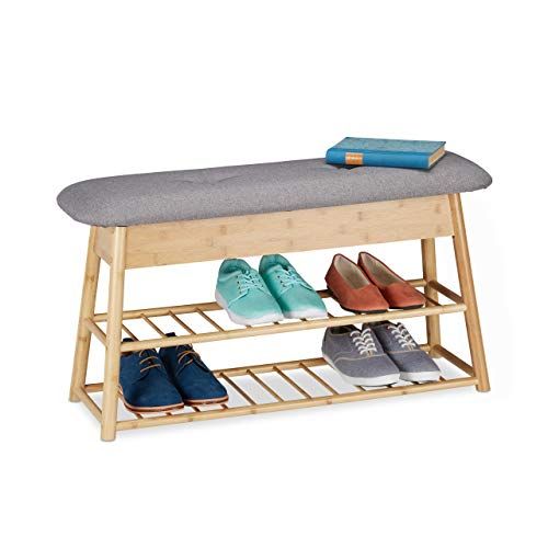 Relaxdays schoenenbank met opbergruimte, voor 8 paar schoenen, 2 planken, bamboe, schoenenrek, HBD 48x90x28 cm, natuur