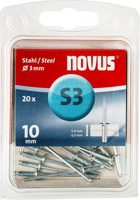 - Novus stalen klinknagels met 10 mm lengte, 20 klinknagels, Ø 3 mm, 5,0-6,5 mm klemlengte, voor bevestiging van plaatstaal