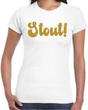 Bellatio Decorations T-shirt dames - Stout! - wit - glitter goud - L