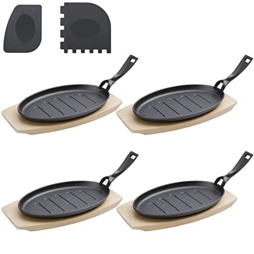 valuents Serveerpannen van gietijzer - grillpannetje - serveerpannetje - set van 4 gietijzeren pannetjes + 2 schrapers