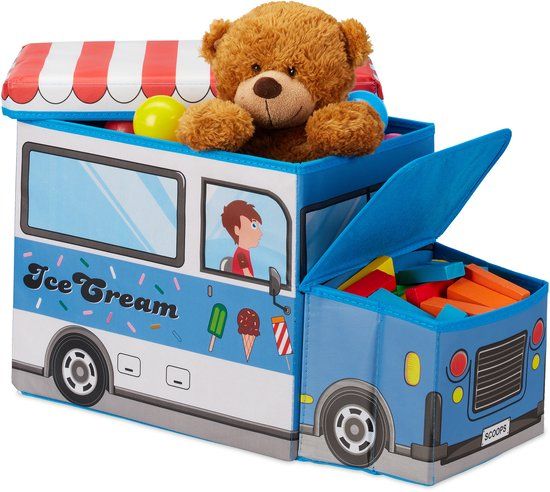 Relaxdays speelgoedkist - opvouwbare poef - 50 L - ijswagen design - blauw