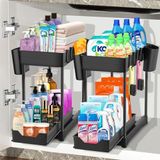 Opslag HIYAA Opslag onder de gootsteen, 2 etages, organizer onder de gootsteen, uittrekbare lade, keukenrek, kruidenrek, multifunctionele opbergmand voor badkamer, zwart, 2 stuks