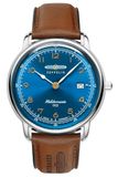 Zeppelin 9640-3 Méditerranée Herenhorloge met kwartsuurwerk, roestvrijstalen behuizing, blauwe wijzerplaat, leren band, 40 mm