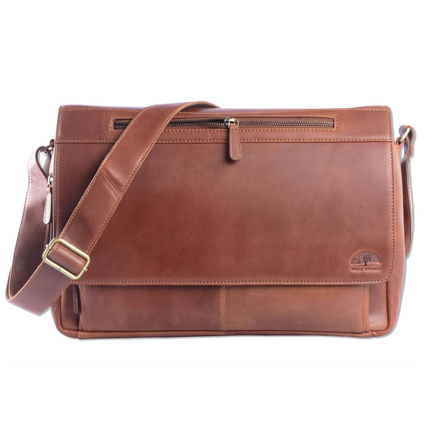 Wild Woods leren laptop messenger bag unisex schoudertas - 15,6 inch laptoptas - oil pull-up leer - cognac