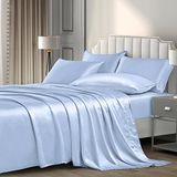 P Pothuiny 6-delige zijdeachtige satijnen beddengoedset voor kingsize bed, 1 hoeslaken met diepe cups, 1 laken en 4 kussenslopen, babyblauw