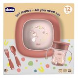 Chicco Serviesset, bevat 1 kopje, set met 1 kom en 1 platte borden en bestek, vork en lepel, spennenset voor kinderen, 12 maanden, roze