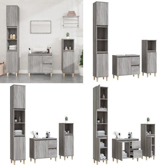 vidaXL 3-delige Badkamermeubelset bewerkt hout grijs sonoma eikenkleur