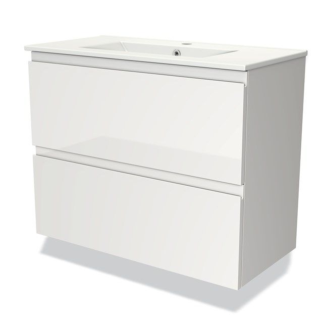 Maxaro Badkamermeubel 80cm Modulo Slim Hoogglans Wit 2 Lades Greeploos Wastafel Keramiek