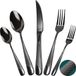Unyqoos® Set de couverts noir haut de gamme, 30 pièces pour 6 personnes – acier inoxydable martelé noir, incluant couteaux à steak, fourchettes de table et à salade, cuillères à soupe et à dessert, lavable au lave-vaisselle