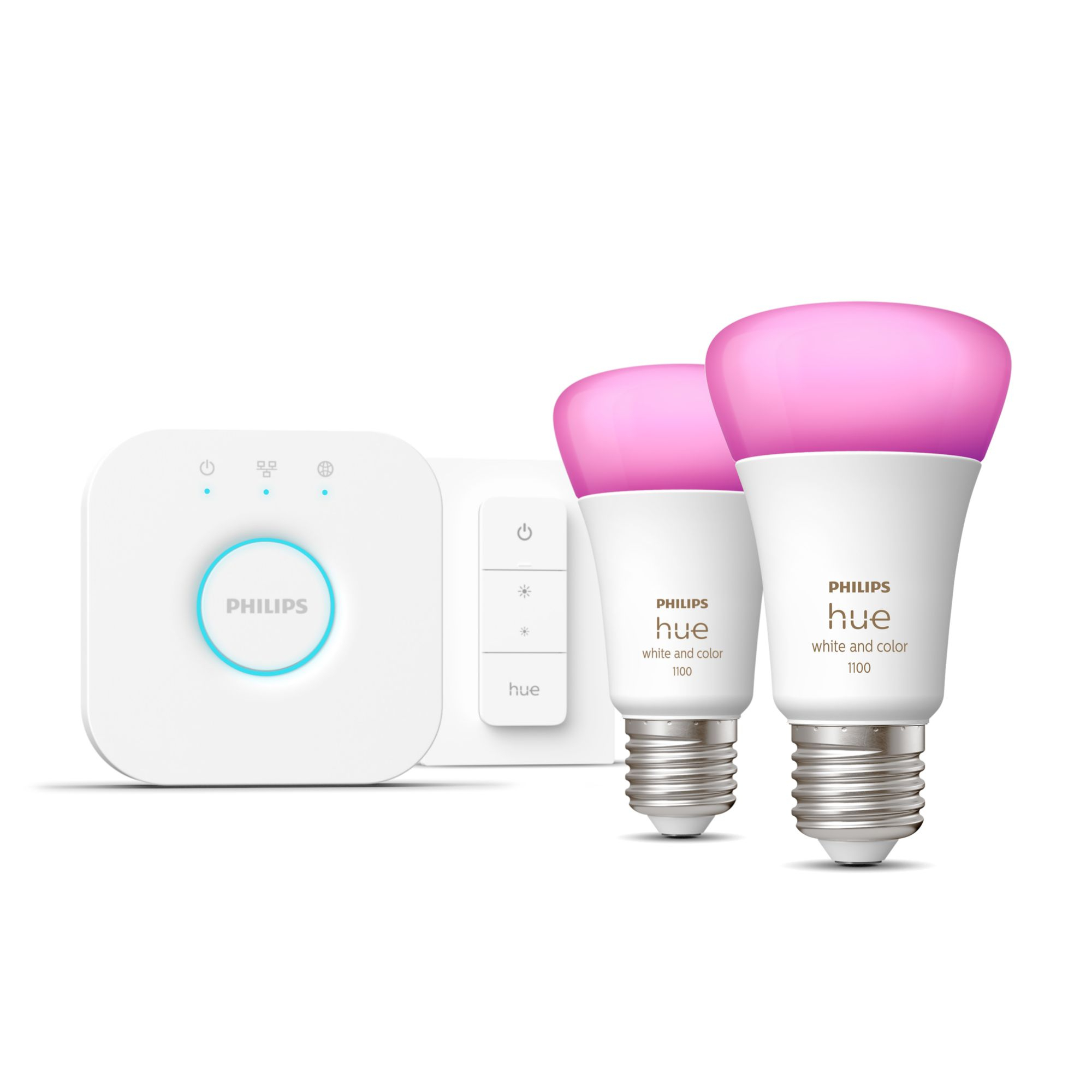 Philips by Signify Hue White and Color ambiance  Starterkit: 2 E27 slimme lampen (1100) + dimmer switch