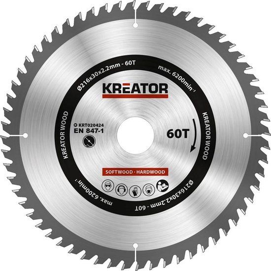 Kreator KRT020424 Zaagblad - Hout - 216 mm - 60T