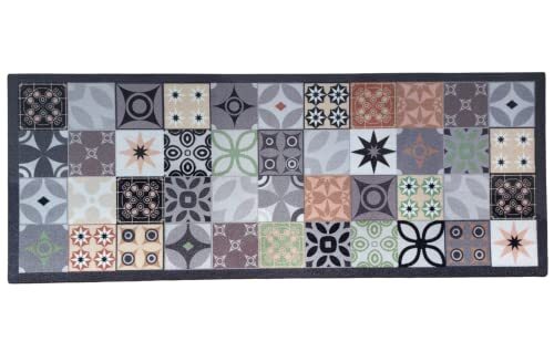 OKu-Tex Deurmat | Vuilvangmat, Keukenloper | Mozaïek Patroon Tegels Geruit Wasbaar Deurmat Voor Binnen Antislip Grijsantraciet 45 X 120 Cm