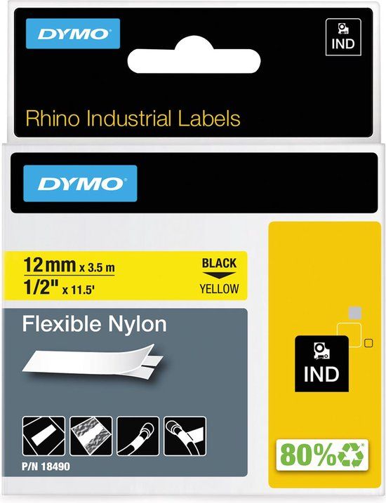 DYMO Rhino Flexibele Nylon Labels - 12 mm x 3,5 m - Zwart op Geel