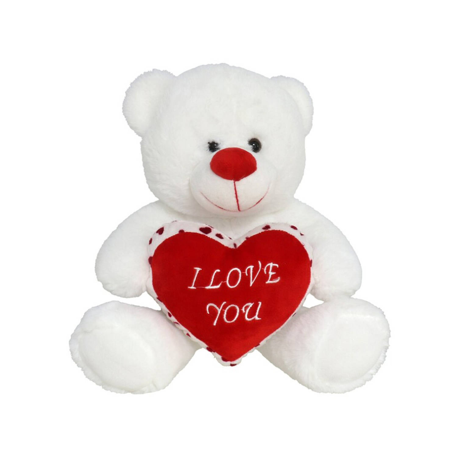 Gerim Knuffelbeer - I Love You - hartje - wit/rood - Valentijnsdag - 30 cm