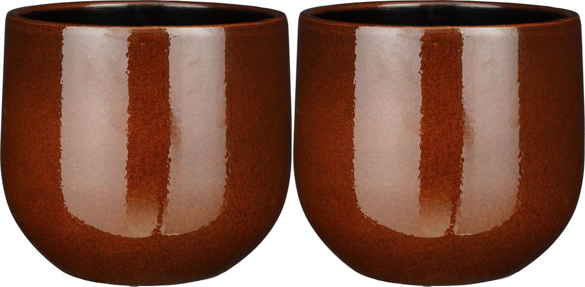 Mica Decorations - plantenpot/bloempot - 2x - bruin glans - D25/H20 cm