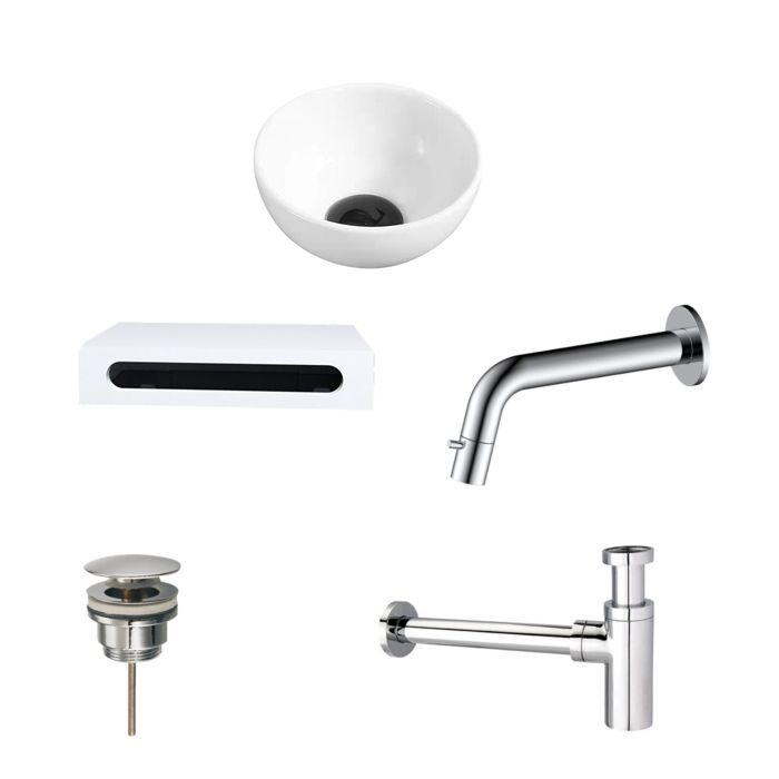 Keramische Waskom Wit Rond 40x22x8 cm met Planchet, Kraan, Afvoer en Sifon