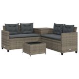vidaXL Tuinbank met tafel en kussens L-vormig polyrattan grijs