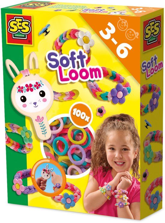 SES Creative Soft Loom Armbanden - Armbandjes Maken - Knutselen - Voor Meisjes Vanaf 3 Jaar - 100 Elastiekjes met punnikpopje