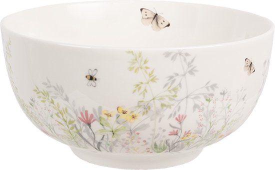 Clayre & Eef Soepkom 500 ml Wit Porselein Bloemen Serveerkom - 14 cm