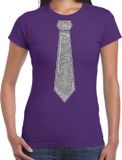 Bellatio Decorations Verkleed shirt dames - stropdas glitter zilver - paars - carnaval - foute party XXL