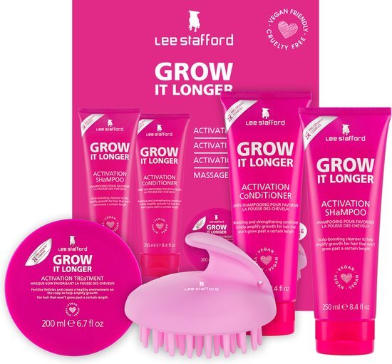 Lee Stafford Grow It Longer Set - Shampoo, Conditioner &amp; Haarmasker - met Massageborstel - Stimuleert Haargroei - Haarverzorging