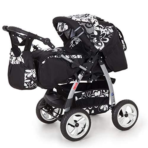 Lux4Kids Kinderwagen combi-kinderwagen Megaset incl. luiertas Buggy 2-in-1 King Cosmic Black & Cosmic Flowerpower