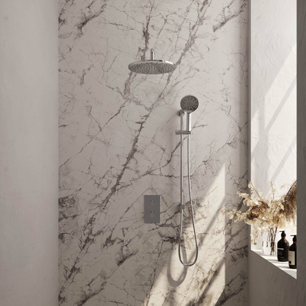 Brauer Chrome Carving thermostatische inbouw regendoucheset met 2-weg omstel 40cm gebogen wandarm met 30cm ronde hoofddouche 3 standen ronde handdouche 150cm gladde doucheslang met glijstang en handdouchehouder Chroom 5-CE-142