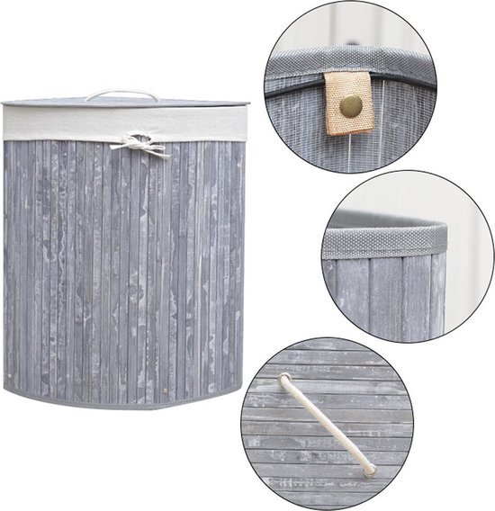 Homestyle Pro Bamboe wasmand – Opbergmand – Wassorteerder met deksel en verwijderbare waszak – Met handgrepen – 48 L – 35×50 cm – Grijs
