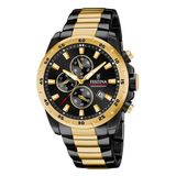 Festina F20563/1 Heren Horloge - Chronograaf - Mineraalglas - Roestvrijstaal/Staal - Goudkleurig/Zwart - Ø 45 mm - Quartz - Vouw/Vlindersluiting