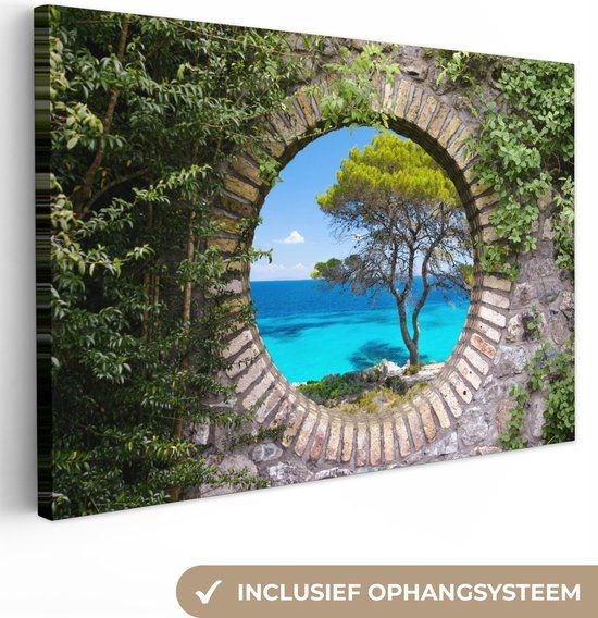 OneMillionCanvasses Canvas schilderij 140x90 cm - Zee - Boom - Tropisch - Doorkijk - Modern