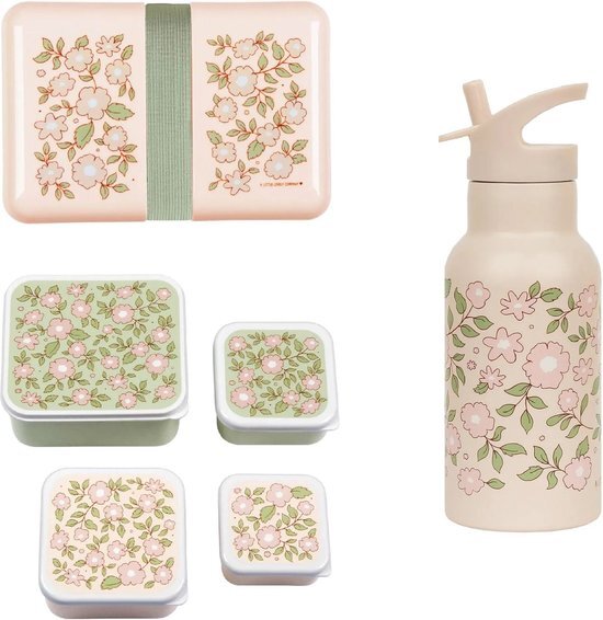 A Little Lovely Company Back to school set - Drinkfles / 4 Snackdozen / Lunchbox - Bloesems Roze