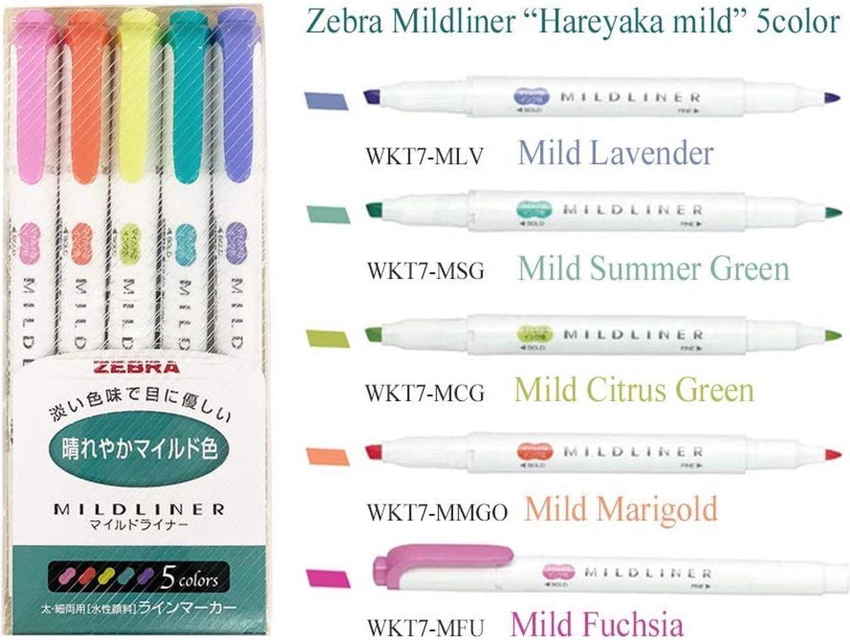 Zebra Mildliner Double Sided Tekstmarker - Bright Colors - Set van 5 + Bag