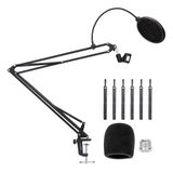 Amazon Basics Verstelbare Microfoonarm, 48,3cm, Geschikt voor Standaardmicrofoons, Instelbare Spanning, met Popfilter en Windscherm, Bureauklembevestiging, Zwart