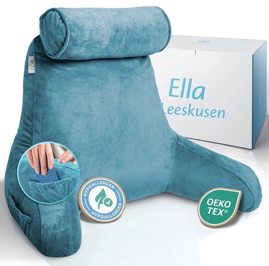 Ella Leeskussen XL - Memory Foam Relax Kussen voor in Bed - Zitkussen met Nekrol & Onderrug Ondersteuning - Bookseat - Fluweel Marineblauw