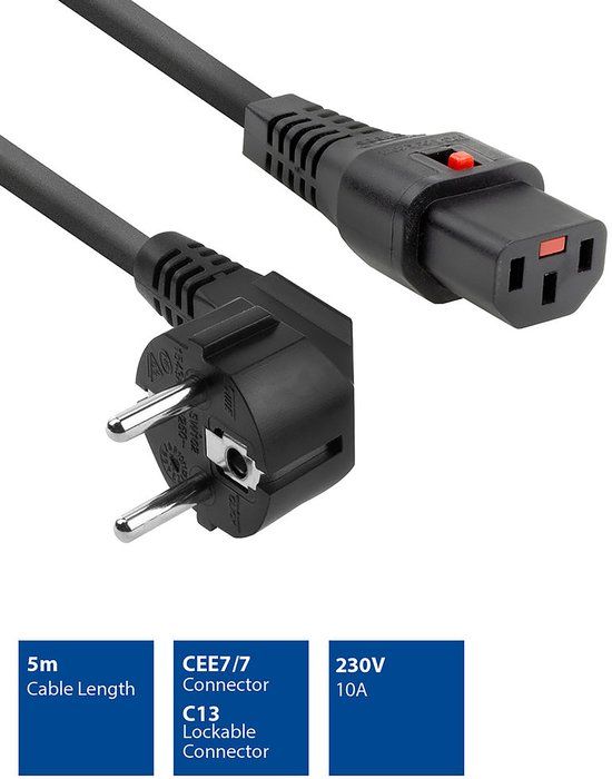ACT Netsnoer Schuko CEE 7/7 male (haaks) - C13 IEC Lock zwart 5 m, EL269S AK5220