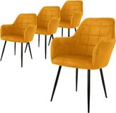 ML-Design Set van 4 eetkamerstoelen met rugleuning en armleuningen, mosterd fluweel, vierkante quilting, metalen poten