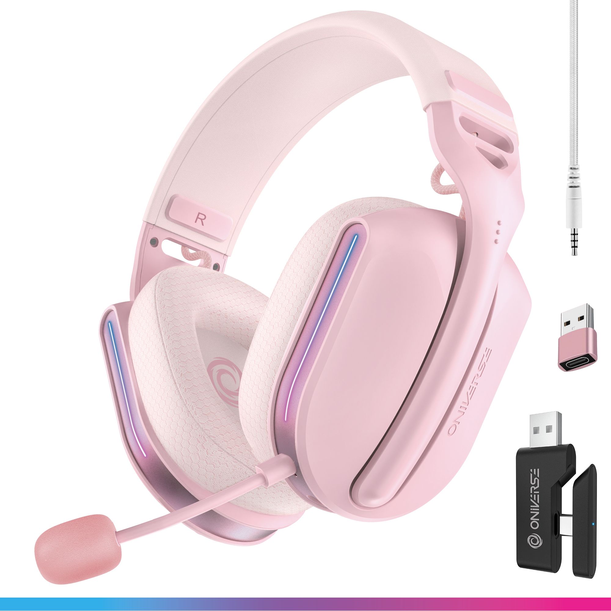 Oniverse Polaris Headset Bedraad en draadloos Hoofdband Gamen USB Type-C / USB Type-A Bluetooth Roze