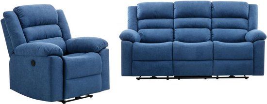 Vente-unique Elektrische driezits-relaxbank BUROLO - Blauw - Stof - 199 cm