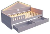 StarTech Kinderbed - Enkelbed - 90 x 200 cm - LED-lichtbalk - 2 grote lades - Rasterontwerp - Robuuste constructie - Grijs