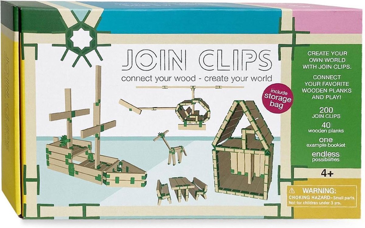 Van Dijk Toys Home - 200 verbinding clips voor houten bouwplankjes incl speelkleed